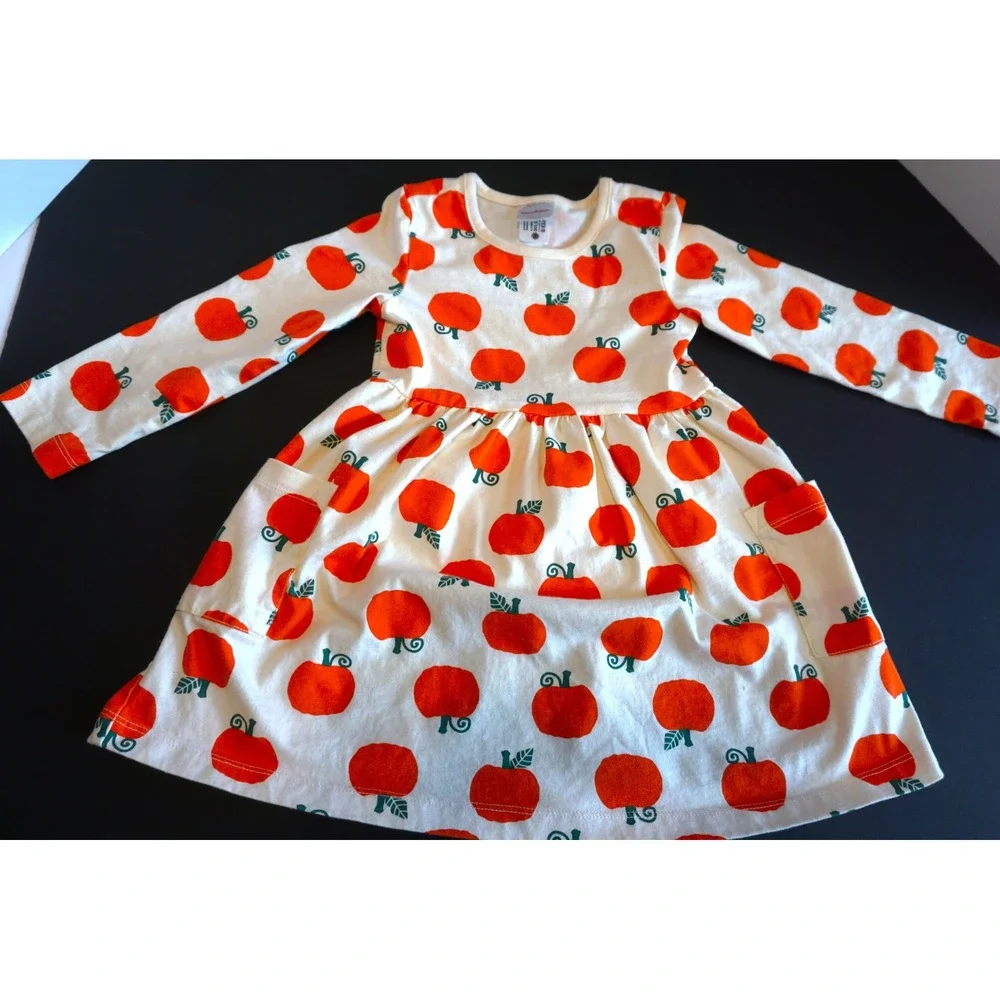 Hanna Andersson Kids 3T Pumpkin Print Long Sleeve Dress Cream Orange 68116